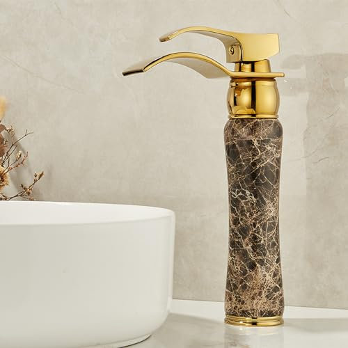european-style all-copper hot and cold water faucet antique bathroom marble jade faucet golden waterfall type, charming coffee jade (heightened model)