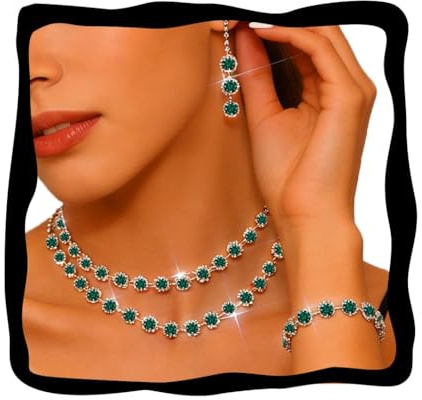 Fashband Crystal Bridal Wedding Jewelry Set Sparkly Rhinestone Bracelet Earrings Prom Jewelry Accessories for Women (Green)