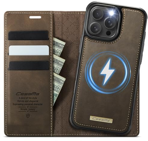 Coverilo Handyhülle für iPhone 15 Pro Max Hülle Abnehmbar 2-in-1 Magnetische Premium PU Leder Klapphülle Kabelloses Laden Kartenfach RFID Standfunktion Schutzhülle für iPhone 15 Pro Max – Braun