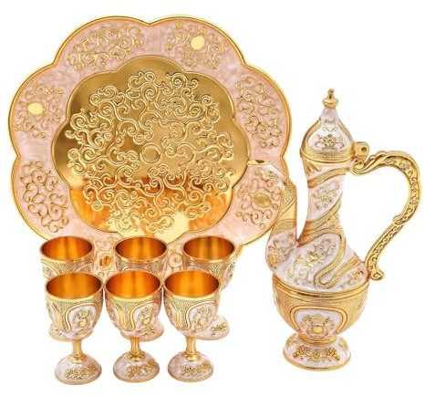 VZXATYOP Service à thé Turc Vintage avec théière et 6 Verres for décoration d'intérieur Anniversaire Noël Pendaison de crémaillère Mariage(White Gold style2)