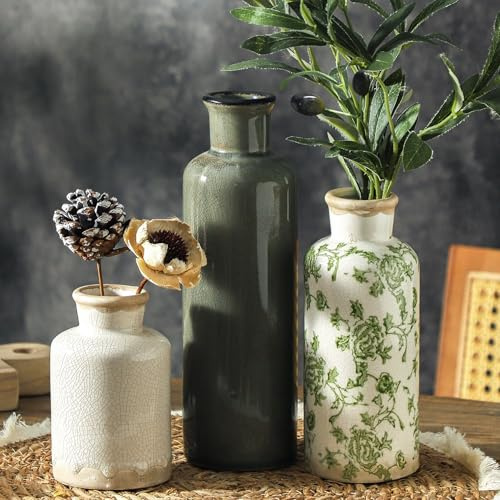 Vintage Vase Set of 3, Ceramic Vintage Flower Vases, Chinoiserie Decorative Home Decor Retro Floral Vase Rustic Farmhouse Decor for Table Bookshelf Mantel Kitchen Living Room Office - Green and Beige