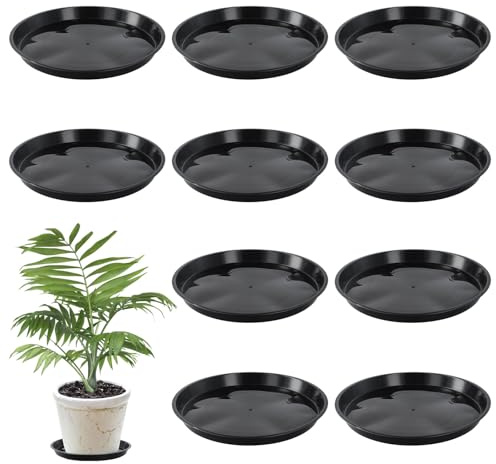 Godneei Juego de 10 Platillos para Plantas, Platos Macetas Plastico, Platos Macetas 30 cm, Platos para Macetas de Plástico con Borde Plano, Incluye 8 Etiquetas de Jardín en Forma de T