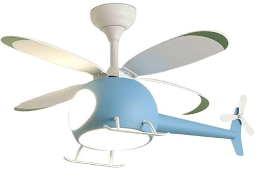 Gerenecic Ventilador de Techo con lámpara LED para habitación Infantil, diseño de helicóptero, lámpara Colgante Decorativa para niños y niñas, Color Azul, 98 cm.