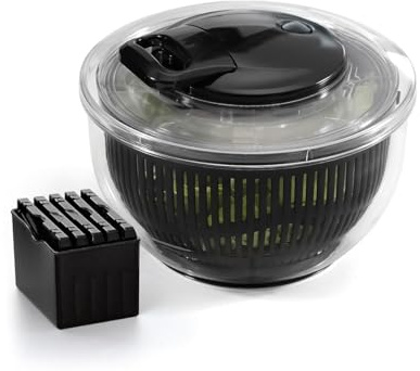 QULINART 2-in-1 Salatschleuder ABS/AS/PP 5L mit Reibe-/Hobeldeckel, 6 auswechselbaren Edelstahlklingen, multifunktional, spülmaschinenfest – Transparent/Schwarz