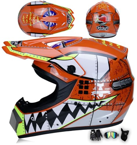 MODRYER Integralhelm Für Motorradfahrer Unisex Erwachsene Dirtbike Helme, Motocross Helm Für Extremes Offroad-Fahren Mit Schutzbrille, Handschuhen Und Maske,Orange-M/54~55cm