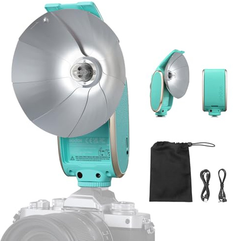 Godox Lux Senior Retro Camera Flash kit with Diffuser, GN14 1700mAh 6000K±200K CCT, Automatic & Manual Modes 1/1-1/64 Flash Power (Mint Blue)
