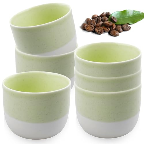 Juego de 6 tazas de café de cerámica, 150 ml, hechas a mano, aptas para lavavajillas, sin asa, modernas, de doble pared, para té moca, leche, verde