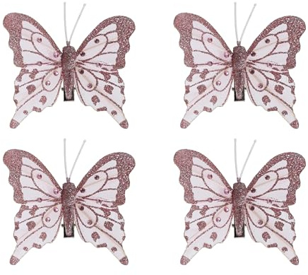 Fjäril med klämma 8 cm – dekorativa fjärilar på klämma – set om 4 – för dekoration och pyssel – julgransprydnad, bröllopsdekoration, vårdekoration – dekorativa klämmor rosa