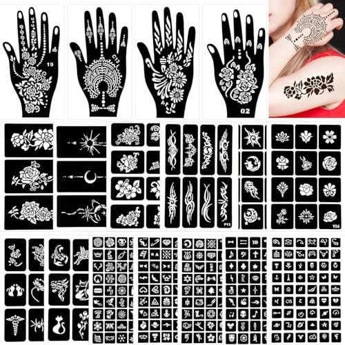 VEVOQIM 342 Stück Glitzer Tattoo Schablonen Henna Schablonen, 17 Blätter Glitter Henna Tattoo Schablonens, Temporäre Glitzertattoos Schablones Für Gesicht Hand Fuß Finger
