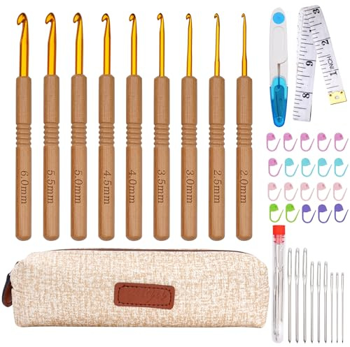 Häkelnadel Set mit Ergonomischer Holzgriff, 9 PCS Rutschfestes Garn Stricknadel Set 2,0 mm - 6,0 mm mit Tragbarer Tasche, Praktisch Häkelnadel Set für Anfänger