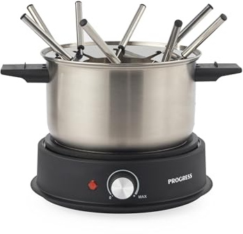Progress Electric Fondue Maker – Includes 8 Stainless Steel Forks and Removable 20cm Pot, Savoury or Sweet, 1.5 Litre Capacity, Adjustable Temperature Control, Power Indicator Lights, 1500W