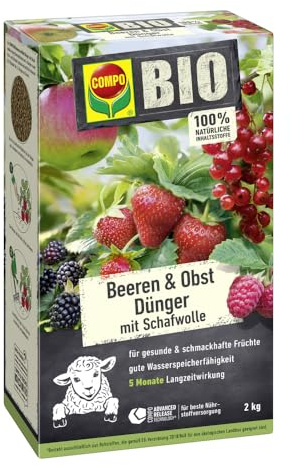 COMPO BIO Beeren Langzeit-Dünger mit Schafwolle, 2 kg, 5 Monate Wirkung | Für Beerenpflanzen, Sträucher und Kern-/Steinobst, organische Sofort- und Langzeitwirkung für reiche Ernte