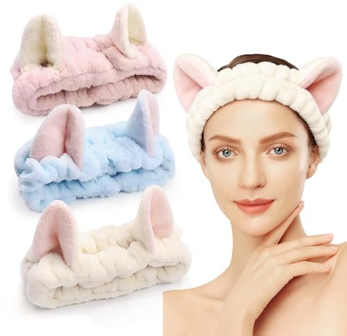 Gesicht Waschen Stirnband, 3 Stück Kosmetik Haarband, Plüsch Katzenohren Haarreif, Abschminken Headband, Elastisches Spa Haarschmuck, Accessories für Mädchen Damen Herbst Winter Hautpflege Schönheit