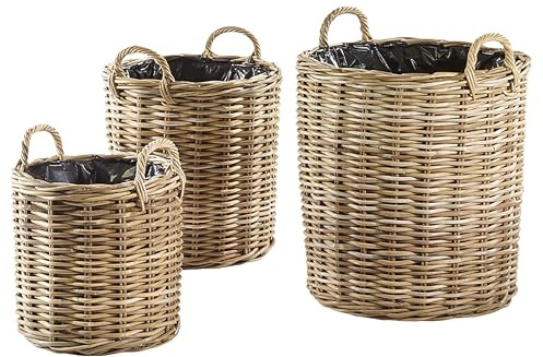 Kobolo Übertopf Rattan Kubu Grey mit Folie | 3er Set | Pflanzkorb mit Henkel, geflochtener Blumentopf | Naturkorb zum Bepflanzen für Balkon, Terrasse, Innen- und geschützten Außenbereich