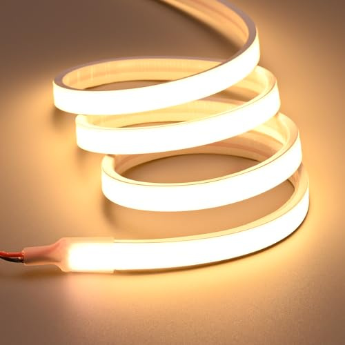 JOYLIT 24V COB Neon LED Streifen 5M 3000K Warmweiß IP67 Wassergeschützt | Flexibles Silikon 480LEDs/M Nahtloses Leuchten Dimmbare LED Leiste für Terrasse, Badezimmer, Küchenschränke (Nur Beleuchtung)