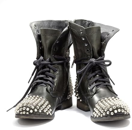 Stivaletti da Donna con Tacco Basso, Lacci e Borchie, Stivaletti Bassi Comodi in Stile Gotico Punta Tonda, Scarpe alla Moda con Cerniera Laterale per Serate Eleganti,Nero,43 EU