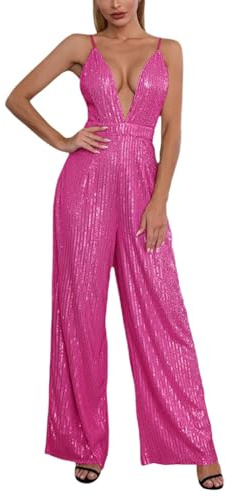 Dam brett ben cami jumpsuit glittrande festoveraller för kvinnor – eleganta paljettlekdräkter mode rygglösa overaller ledig ärmlös hängslen overaller för gå ut enfärgad glitter overall, Rosa (Hot Pink