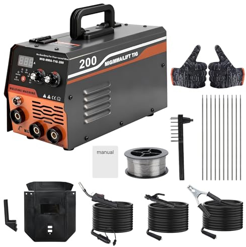 MIG-svetsmaskin, 200 A svetsenhet tjock tråd utan gas, 3 i 1 MIG/MMA/LIFT TIG-svetsmaskin, bärbar med IGBT-inverterarteknik och LCD-skärm, 1,0 mm tråd, MIG-svetspistol för gör-det-själv
