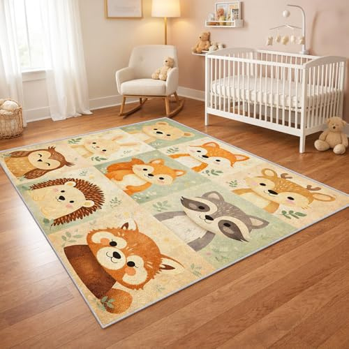 Generisch Kinderteppich Waldtiere Patchwork 60 x 90 cm, waschbarer Kinderzimmer Teppich mit Fuchs, REH, Hase, Eule, Igel und Waschbär, rutschhemmender Kurzflor Teppich für Babyzimmer und Spielzimmer