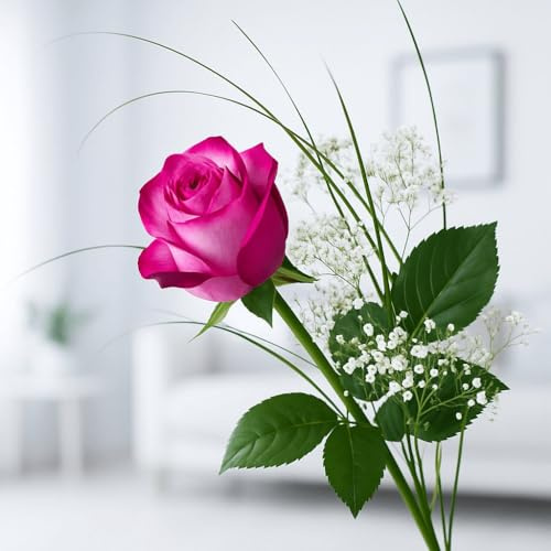 Pinke Rose mit Schleierkraut und Gräsern | Inklusive Grußkarte