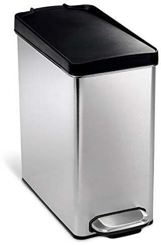 simplehuman CW1180CB 10L Slim Profile Pedal Bin, Small Bin for Bathroom Bedroom Office, Strong Steel Pedal, Inner Bucket, Fingerprint-Proof, Brushed Steel with Black Dent-Proof Plastic Lid