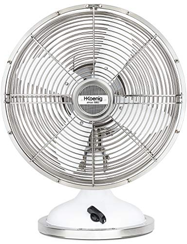 H.Koenig JOE50 Ventilador de mesa silencioso de diseño retro vintage en metal blanco, 25 cm, 3 velocidades, Oscilación fija o de 90°, Ajuste vertical, Base antideslizante