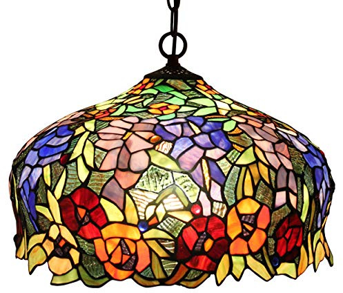 Bieye L10557 Wisteria and Rose Flowers Tiffany Style Stained Glass Ceiling Pendant Fixture with 16-inch Wide Lampshade