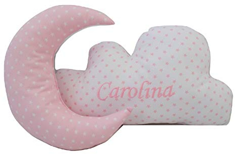 Conjunto Cojines Decorativos para bebé Bordados con el Nombre - Cojines Decorativos Cuna Grabados con Nombre - Cojines Infantiles Personalizados con Forma de Luna y Nube - Estrellas - Rosa - Nenel