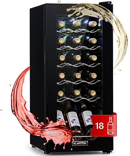 KLARSTEIN Shiraz Cave à Vin Noir – 18 Bouteilles, 50 L, 1 Zone | Réfrigérateur à Vin Pose Libre, Porte Vitrée, Silencieux, 5–18 °C, LED, Cadre Inox
