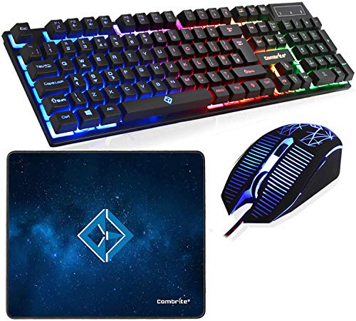 Combrite Raptor Gaming Keyboard And Mouse Set With Large Mouse Pad, Rainbow LED, USB Wired Desktop Combo, UK Layout, For Desktop PC, Laptop, PS4, PS5, Xbox One, Black (Black)
