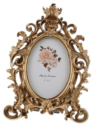 BESPORTBLE Retro Photo Frame Vintage Golden Flower Picture Frame Oval Antique Photo Frames Table Top Photo Display Decor 6in for Home Office Diy Frame