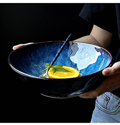 Gweat Style Japonais Bleu Rétro Céramique Céramique Créatif Ramen Bol Large Bol à Soupe Bol Salade De Fruits(Size:M：8 inches)