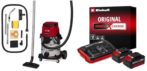Einhell Aspirador en seco y húmedo con batería TE-VC 36/25 Li S-Solo Power X-Change (iones de litio, 2x 18V, modo ECO/BOOST, potencia de aspiración 150 mbar, 25 L, con 2 baterías 4.0 Ah y Twincharger