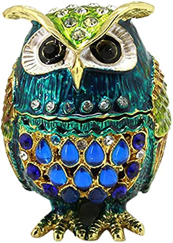 ChezMax Owl Trinket Box Jewelry Box Hinged Collectible Animal Figurine Ring Necklace Holder Alloy Diamond Enamel Crafts Ornaments