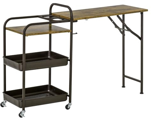 HOMCOM Carro de Cocina con Ruedas Carrito Auxiliar con Estantes de 3 Niveles Hoja Abatible y 2 Portavasos Multiusos para Comedor 118x36,5x82 cm Marrón Rústico