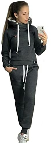 Joligiao Tuta da Ginnastica Donna Tuta per Tempo Libero da Donna in Pile 2 Pezzi Invernale Caldo Felpa con Cappuccio Pullover Top Pantaloni Lunghi (Grigio intenso,M)