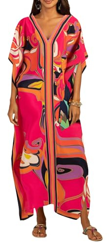Bsubseach Femme Caftan Robe Cache Maillot de Bain Kaftan Maxi Longue Tunique Bohème Boho Eté Djellaba Kimono Rose Rouge