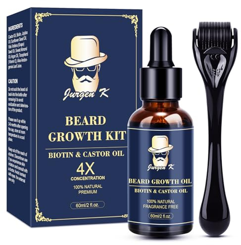 Beard Growth Kit, Beard Growth Oil (2Oz) w/Biotin & Castor Oil, Beard Massager for Patchy/Spot Beard, Beard Kit for Men's Grooming, Dad Day Gifts Fathers Day, Birthday Gifts for Him Boyfriend Husband