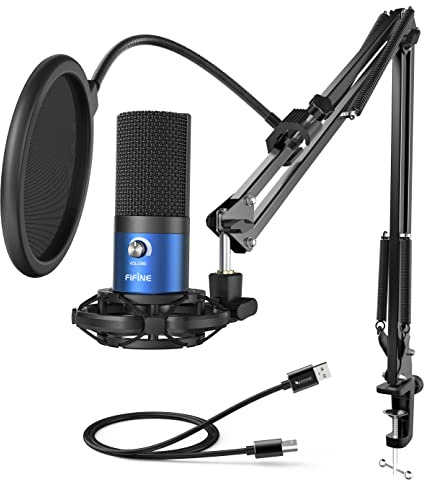 FIFINE USB Recording PC Microphone Kit, Computer Condenser Cardioid Mic on Mac Windows PS4/PS5, for Streaming, Podcasting, Gaming, Video, Home Use, with Gain Knob, Arm Stand-T669 Blue