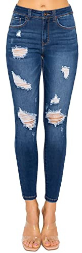 WAX JEAN Women's Butt I Love You Push-Up Destructed Modal Basic Skinny Jeans, Dark, 5