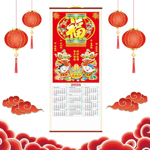 Chinese New Year Calendar Scroll 2026 Year of Horse Wall Calendars 福 Chinese Lunar Calendar 金童玉女 Zodiac Animals Monthly Hanging Calendars Home Decor for Daily Weekly Planner Scheduler Office