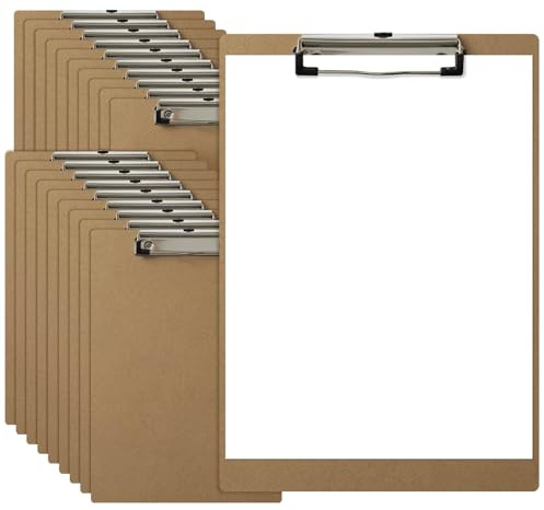 HappyHapi 20 Pack Clipboard 8.5 x 11 Letter Size Clip Boards Bulk, A4 Wooden Hardboard Office Clipboards Pack for Classroom, Work-Meetings, Brown