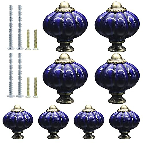 Suiwotin 8 Stück Keramik-Kürbis-Knöpfe, Marineblau Vintage Retro Dekorative Schubladenknöpfe Griffe für Waschtisch, Schrank, Küchenschrank, Möbel