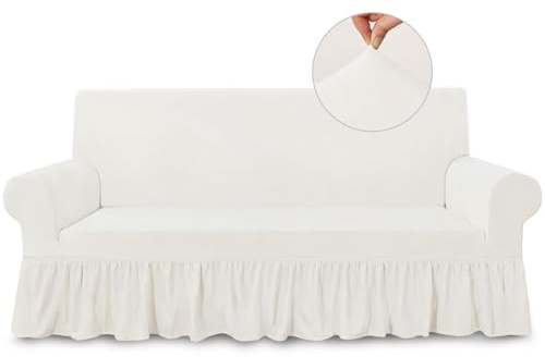 NICEEC Sofa Cover Super Soft 1-Piece White Sofa Slipcover for Sofas Stretch Universal Spandex Couch Covers for Living Room Easy Fit Washable Furniture Sofa Protector with Skirt