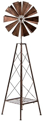 HAFIX Windrad Pflanzenmühle 3D Optik & Regalfach Ø37cm. Windspiel für den Garten aus Metall. Windmühle mit Höhenverstellung dekorativ einzigartiger Blickfänger. Wetterfest in Kupfer, Höhe 121cm.