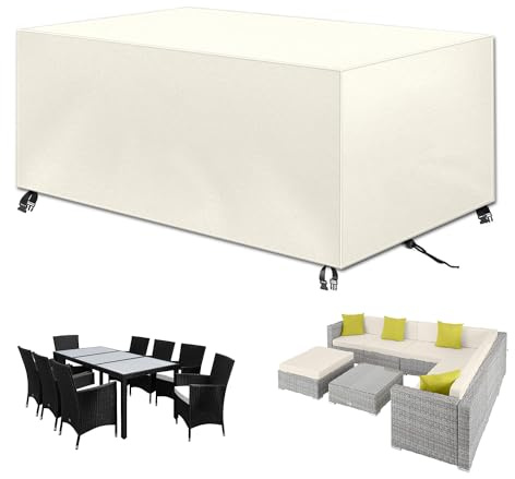 Housse Salon de Jardin Exterieur, 420D Oxford Tissu Imperméable Bâche de Meubles d'extérieur, Housse de Table Jardin Rectangulaire, Housse de Protection pour Mobilier Anti-UV, Beige (190x120x80cm)