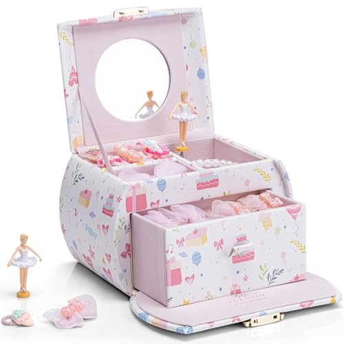 Vlando Musikalisches Schmuckkästchen mit tanzender Ballerina, abschließbares Schmucketui für Kinder, Armband, Ring, Halskette, Geschenk für Kinder