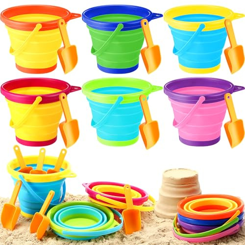 Realspring 6 Pcs Summer Foldable Pail Bucket with Shovels 2.5 L Collapsible Sand Bucket Foldable Beach Toys Multipurpose Colorful Beach Bucket for Beach Party Outdoor Activity (Multicolor)
