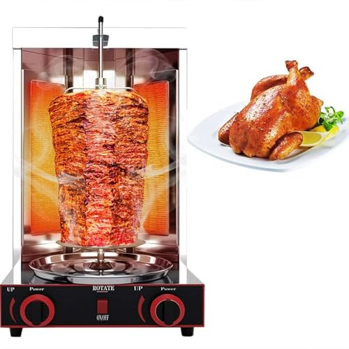 LTSRLL Horno asador Giratorio 360°, máquina Vertical Parrilla Doner Kebab, Bandeja recogedora Carne, Equipo Combustible a Gas, para Cocina Comercial y doméstica,Silver-M