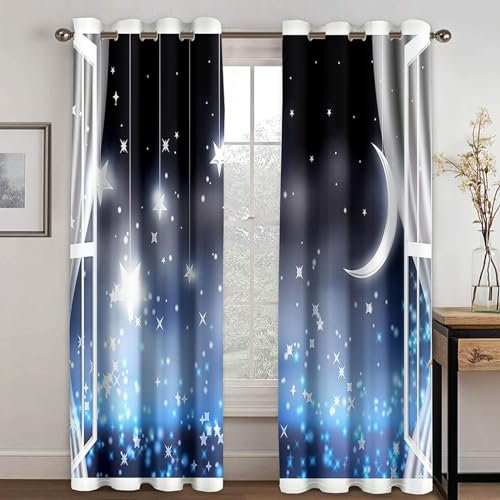 MTBDDyyds Vorhänge Für Kinderzimmer Jungen - 3D Mond Sterne Kreativität 160X132Cm - Kinderzimmervorhänge Mit Ösen, Verdunkelungsvorhang Gardinen Schals Vorhang Blickdicht